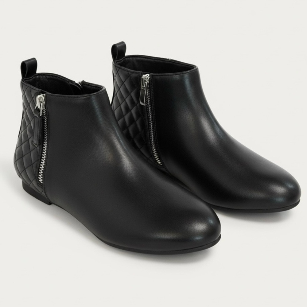 NWT MaxMuxun Black Faux Leather Ankle Boots Quilted Back Zip Flat Size 6